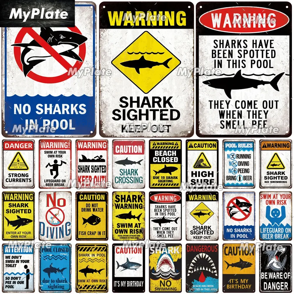 [MaPalte] Vintage Warning Sharks Metal Sign Tin Sign Decoration Plaque Home Wall Decor Bar Sign Home Decor Poster Drop Shipping