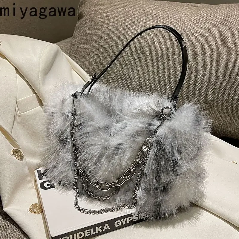 Miyagawa Fashion Plush Bag Women\'s Bag 2023 Autumn/Winter New French Korean Style Versatile Handheld One Shoulder Chain Bag