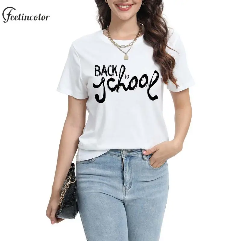 

Back To School Teacher T-Shirt Rainbow Pencil Printed Tee Tops Women Round Neck Sweetshirt Polyester Elastane Female Clothing