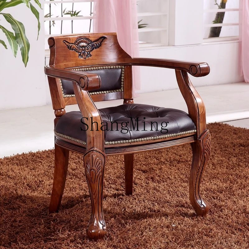 

SM backrest dining chair solid wood carving flower armrest hotel chair leisure mahjong coffee table chair
