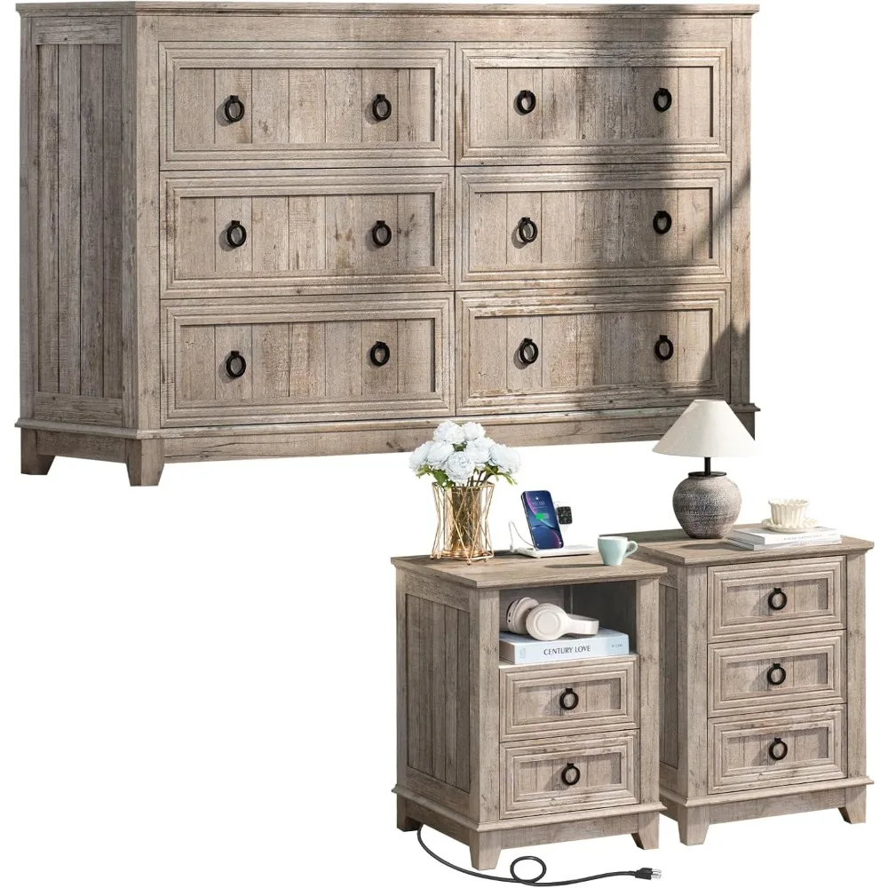 2-piece Nightstand and 6-drawer Dresser, 54-inch Wide Wooden Dresser and 18-inch Nightstand for Bedroom, Living Room, Hallway