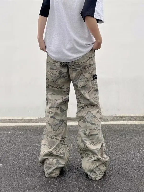 American Retro Camouflage Work Pants Men's Summer High Street Vibe Loose Straight Leg Wide Leg Casual Long Trousers Trendy