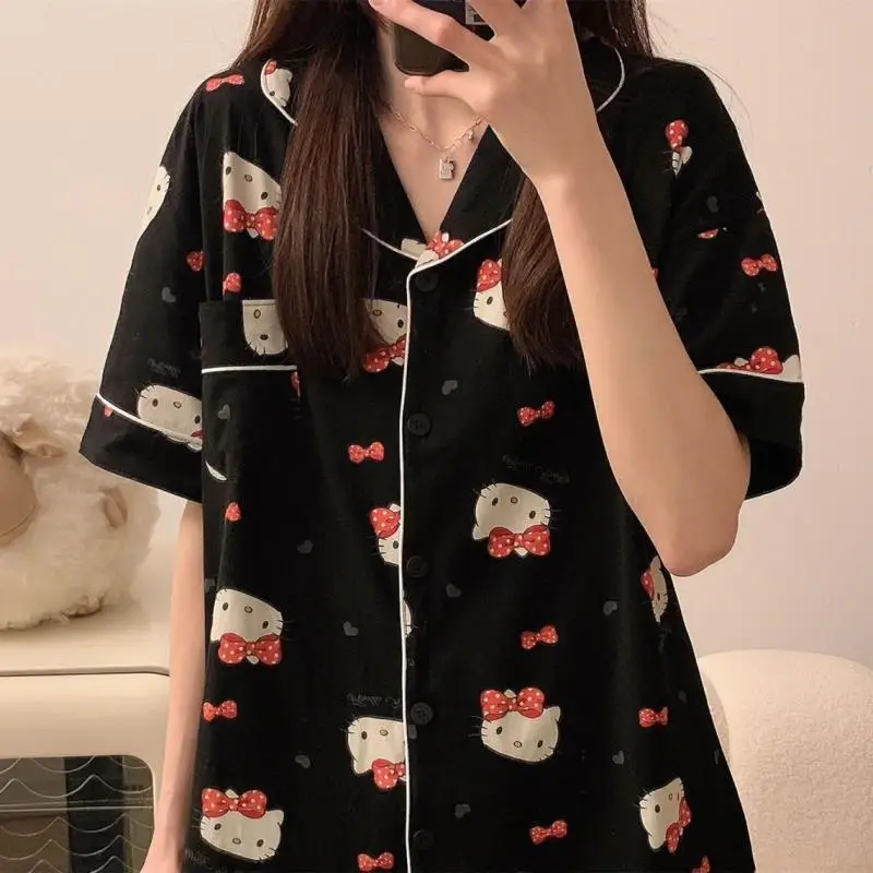 Sanrio Новый женский пижамный комплект Hello Kitty Пижамный комплект из 2 предметов с принтом Sweet Girl Летние шорты с короткими рукавами Комплект домашней одежды с героями мультфильмов