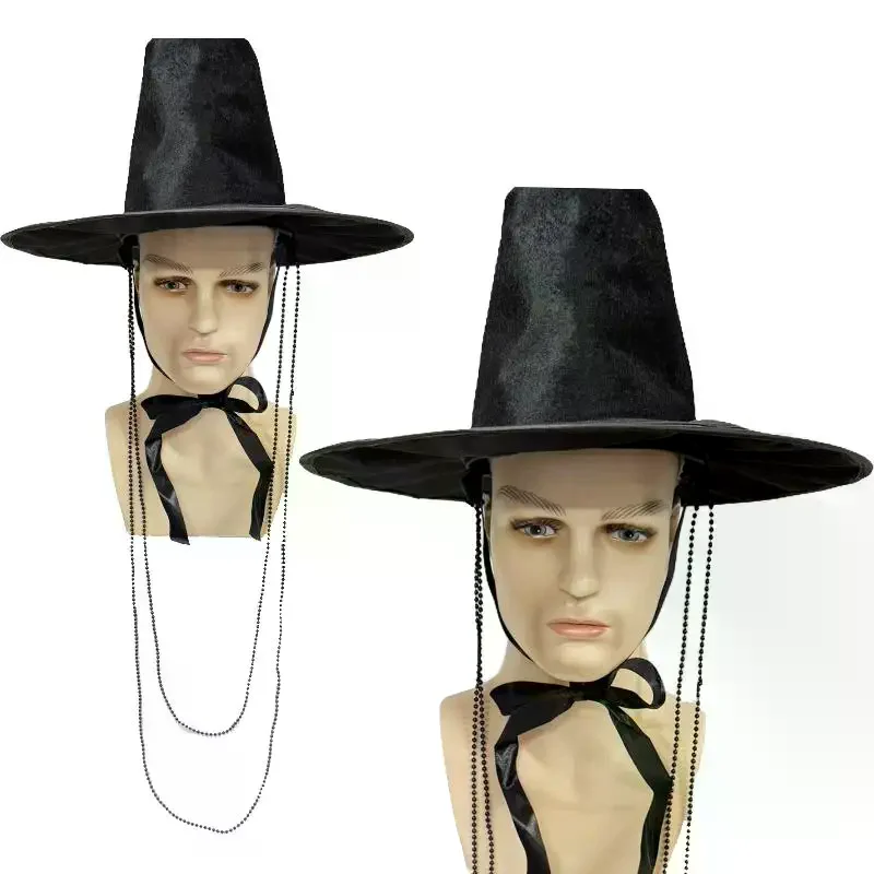 Role-playing Hat Traditional Korean Flat Topper Hat Wide Brim UV Protection Black Halloween Cosplay Costume Cap