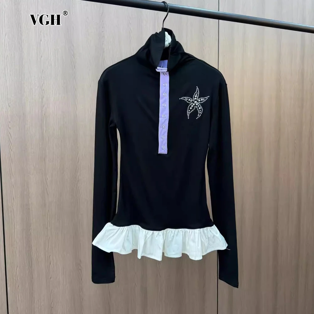 VGH Hit Color Spliced Diamonds Women's T Shirt Urleneck Long Sleeve Patchwork Skirt Hem Simming Style Tees Female Autumn Clothes