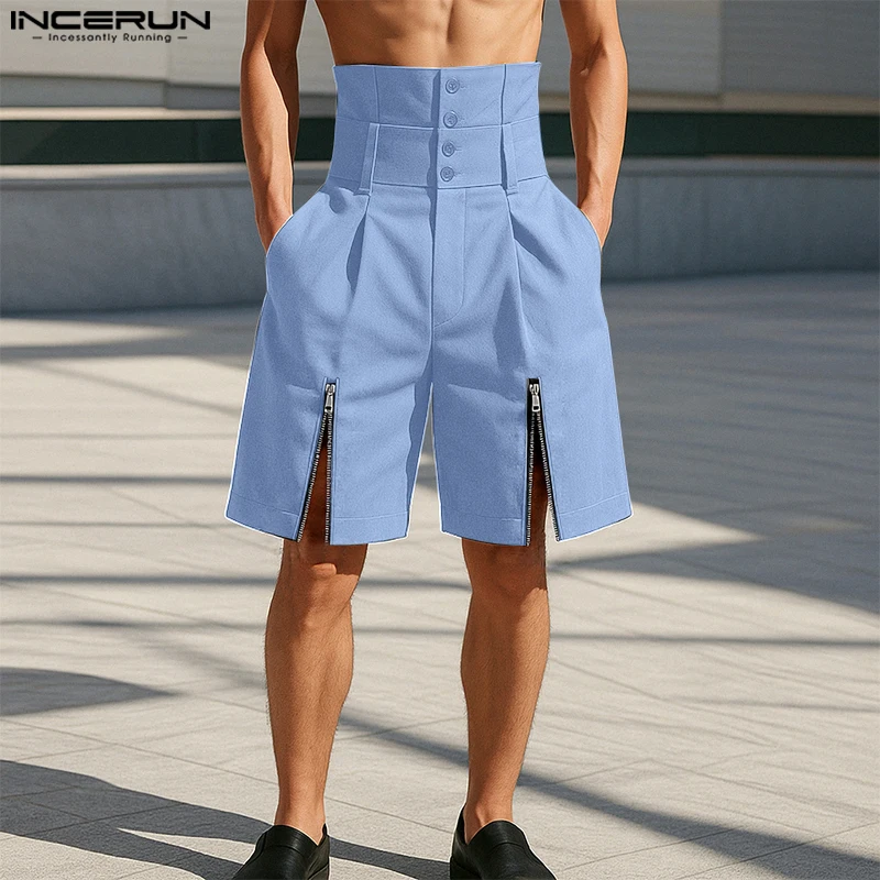 

INCERUN мужские шорты однотонные бегуны с высокой талией на пуговицах на молнии повседневные мужские шорты уличная одежда лето 2025 модные мужские шорты