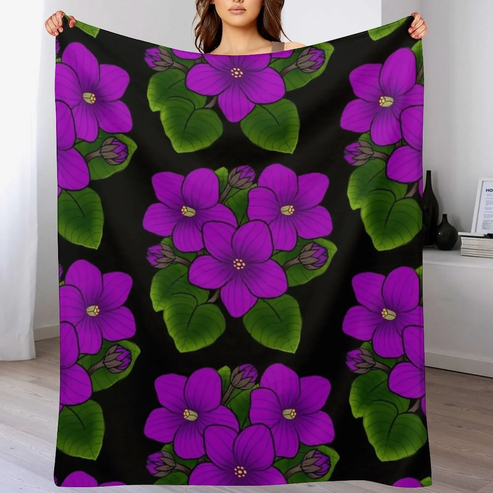 

Purple African Violets in Black Throw Blanket Sofa Blankets For Sofas sofa bed Flannels Blankets