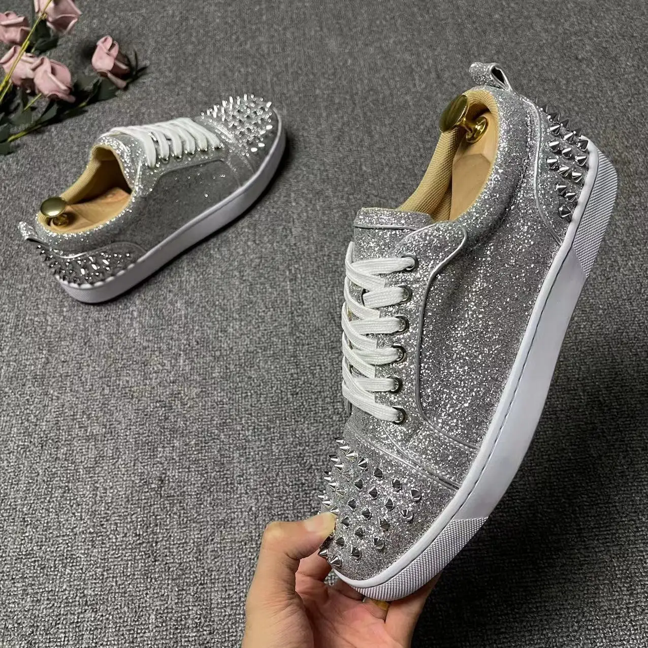 men fashion stage nightclub dress rivets shoes lace-up flats shoe black silver platform sneakers breathable personality footwear