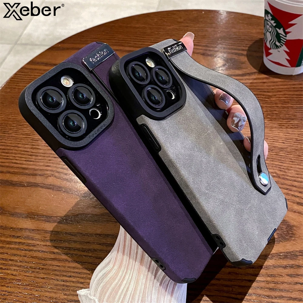 Wrist Strap Holder Luxury Suede Leather Case For iPhone 15 14 Pro Max 13 12 11 X XR XS 8 7 Soft Silicone Bumper Protection Cover