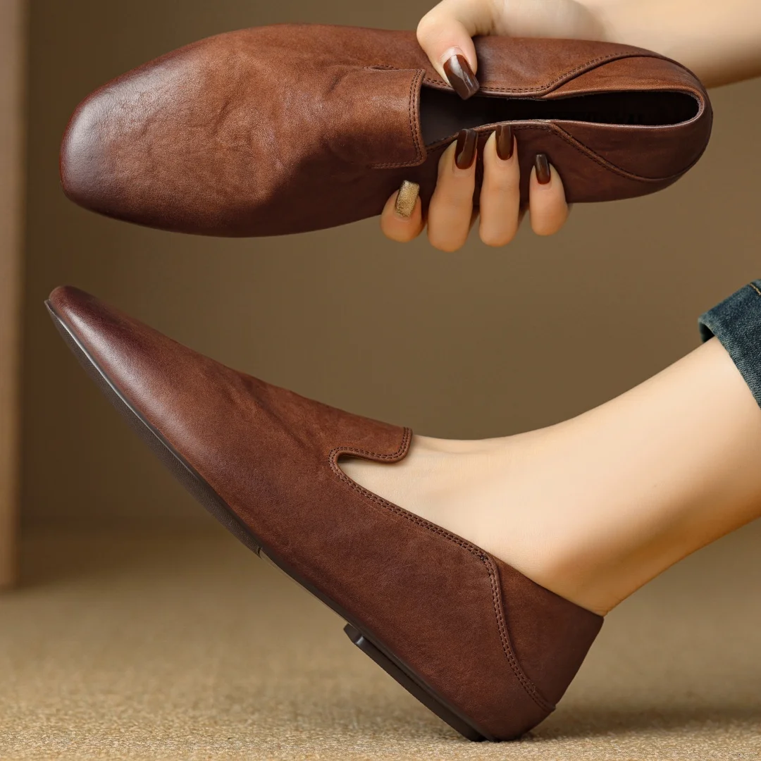 

Women's cow leather square toe slip-on flats loafers high quality soft comfortable gradient color retro moccasins shoes woman