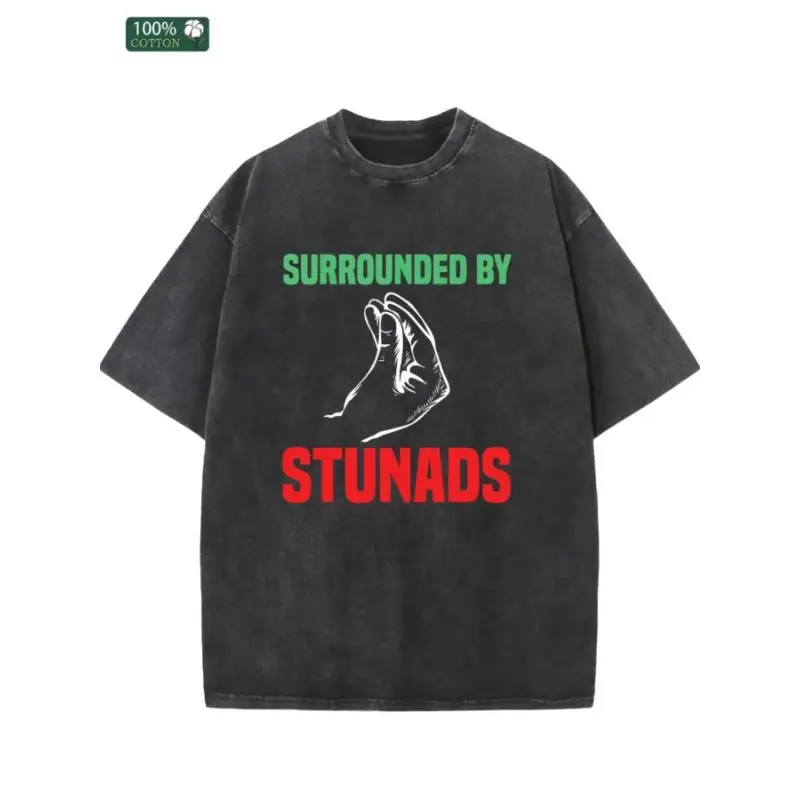 

Vintage Cotton "Surrounded by Stunads" T-Shirt Oversized Funny Italian Meme Quote Streetwear Tee for Women and Men