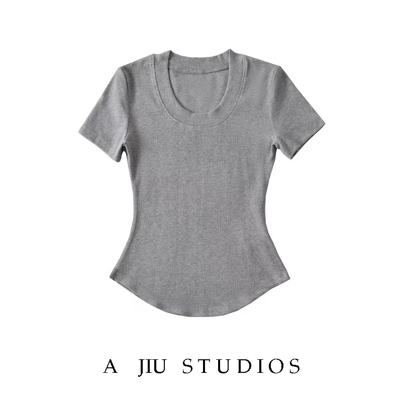 Slim Fit ort Sve T-irt Women's Summer New Sle Pure Color U-Ne Ant Waist Hot Girl Street Sle Versatile ort Top