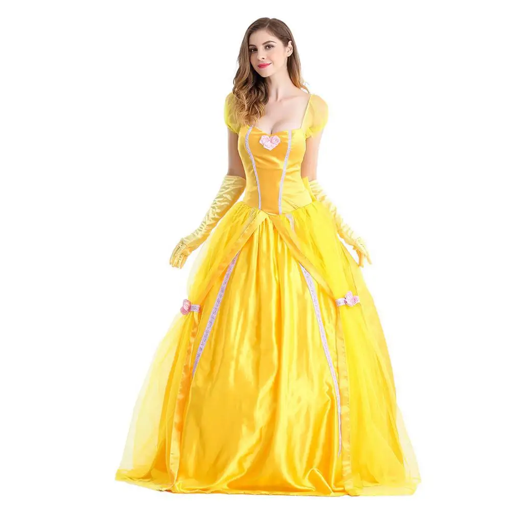 Vestido de princesa de Halloween/Navidad, vestido amarillo, disfraz de actuación viene con lazo grande desmontable y guantes en la espalda