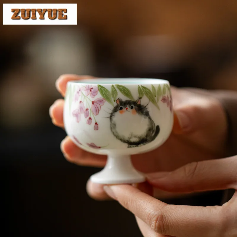 75 مللي دمية مرسومة باليد القط عالية القدم مرسومة باليد القط فنجان الشاي وعاء الشاي التقليدي عينة فنجان شاي التأمل كوب Jianzhan طقم شاي #1