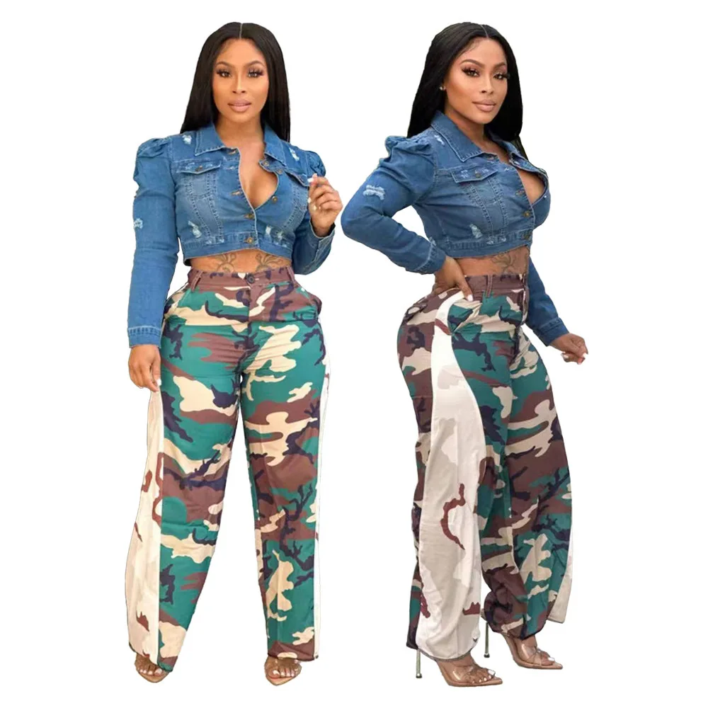 M3008 Women's Camouflage Print High Waist Wide Leg Pants Side Color Block Panel Casual Streetwear Trousers