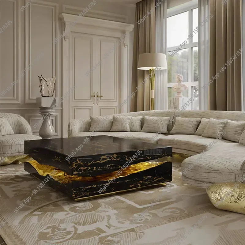 

ZL Luxury Square Marble Table Designer Centerpiece with Artistic Crack Design Waterproof Nature Stone Table for Villa Mansion De