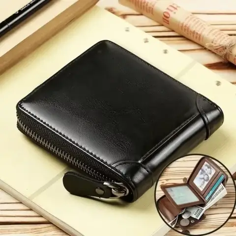 Carteira WEIXIE com Zíper em Couro, Carteira Bifold com Zíper, Pequena e Compacta, Carteira RFID para Moedas