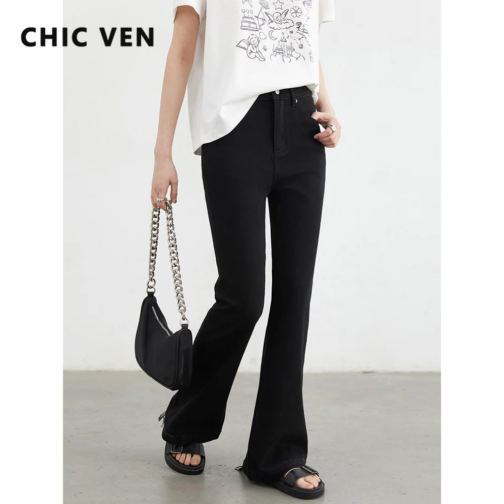 

CHIC VEN Women Jeans Fashion High Waisted Elastic Slim Fit Flared Horseshoe Full Black Denim Pants Female Trousers Summer 2025