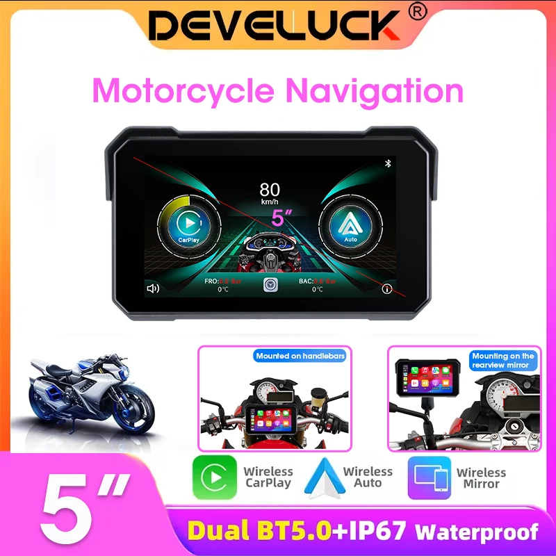 

Develuck 5-дюймовый портативный мотоциклетный навигационный GPS беспроводной CarPlay Android Auto Airplay мото экран монитор приборная панель голосовой вызов