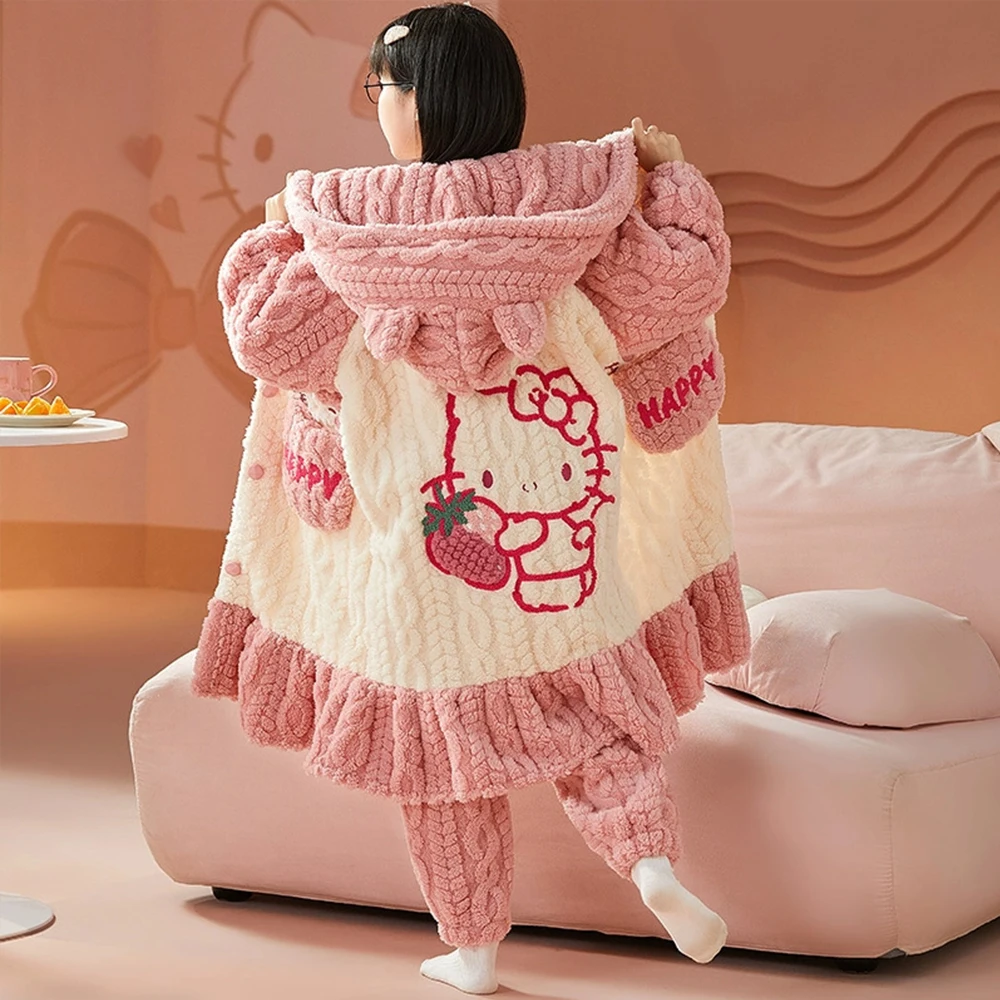 Winter Anime Children\'s Plush Pajamas Robe Sanrioed Pompom Purins Cinnamoroll Kawaii Girl Cartoon Hooded Warm Thicken Home Wear