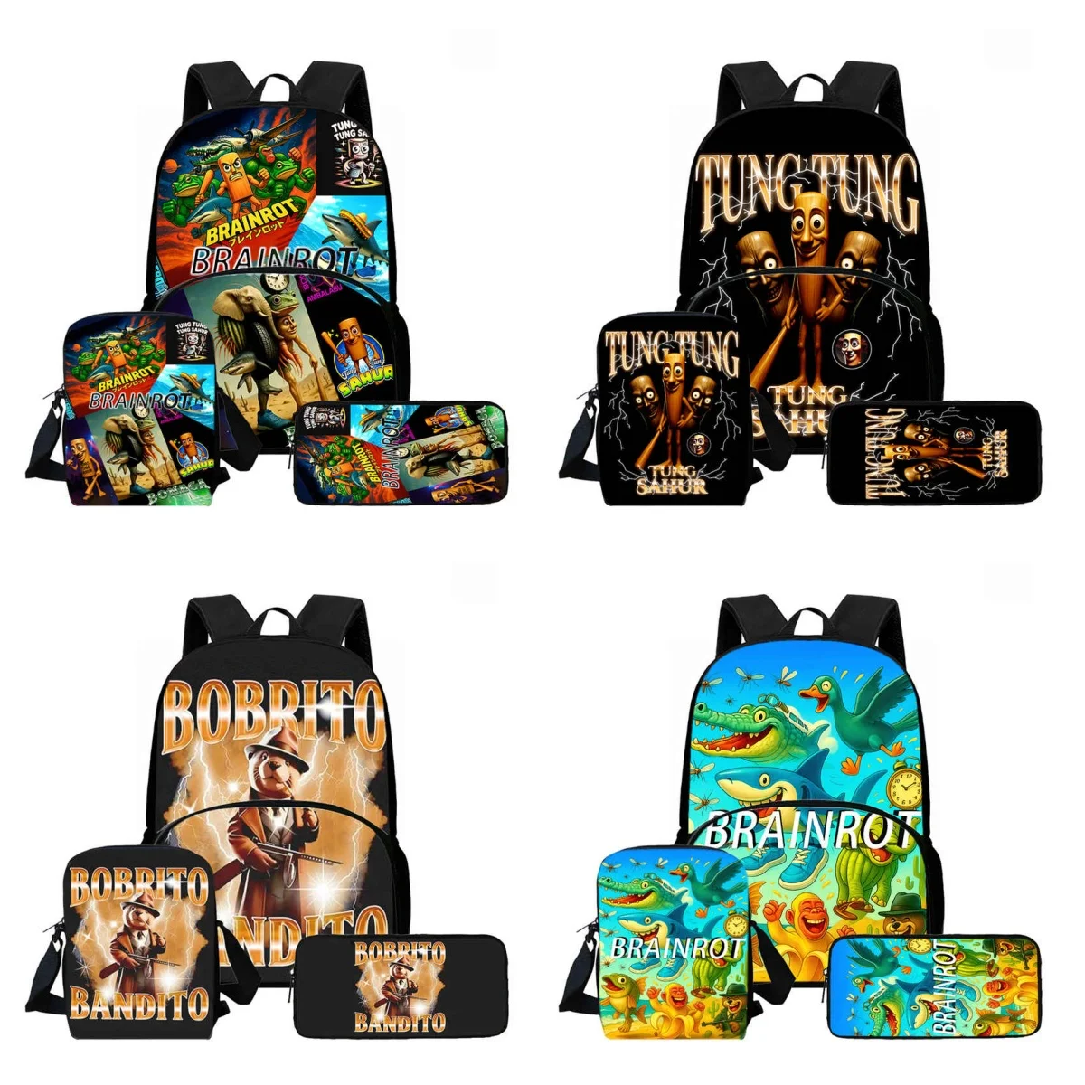 

3Pcs Set School Backpack with Front Pouch,Shoulder Bag ,Pencil Bag for Aged 5-10,Cartoon Funny Brainrot School Bags for Boy Girl