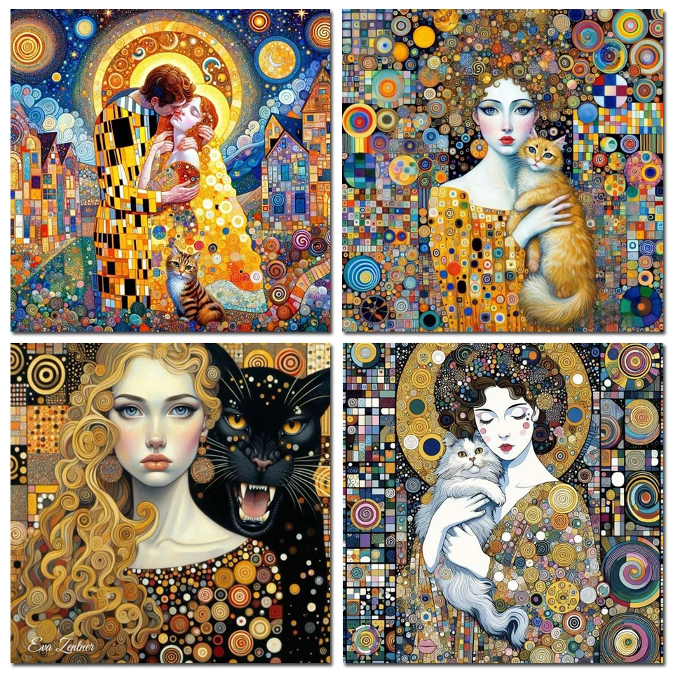 DIY 5D Diamond Painting The Kiss by Gustav Klimt Diamond Embroidery Woman and Cat Diamond Mosaic Cross Stitch Kits Home Decor