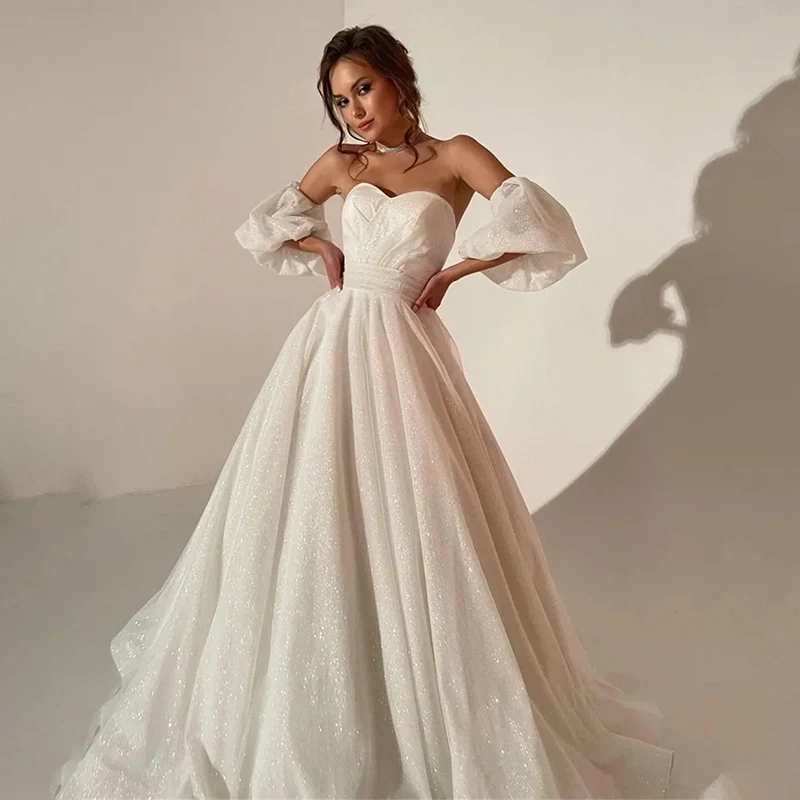 

Sparkle Ball Gown Wedding Dresses Strapless Sweetheart Bridal Dress Sparkle Tulle A-line Evening Dress Detachable Puff Sleeve