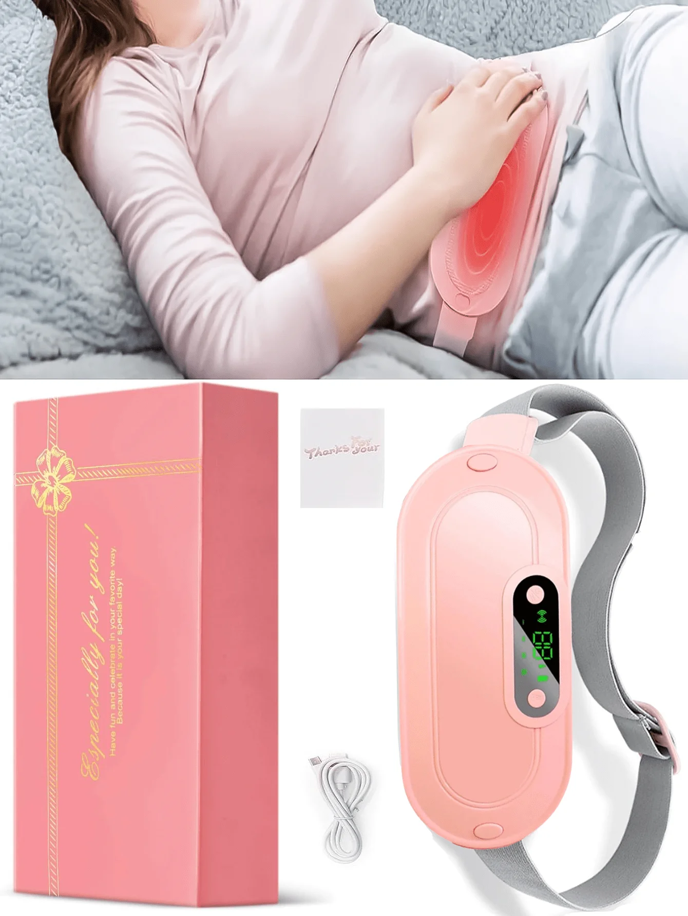 Almofada Térmica GMOX para Mulheres, Alívio de Cólicas Menstruais, 3 Modos de Calor e Massagem, Cinto Térmico Portátil Sem Fio Branco
