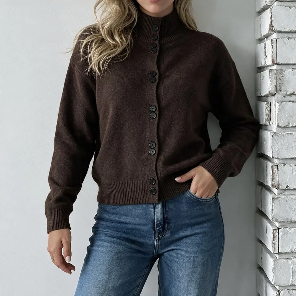 Women's Solid Color Knitted Sweater with Loose Silhouette Half-Turtleneck and Button-Down Front for Warm Season Casual Wear