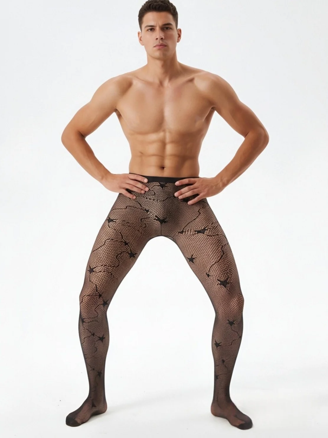 Men Fishnet Tights Bow Star Floral Pattern Mesh Pantyhose Stretch See Through Full Length Hosiery Male Club Party intimate view 3
