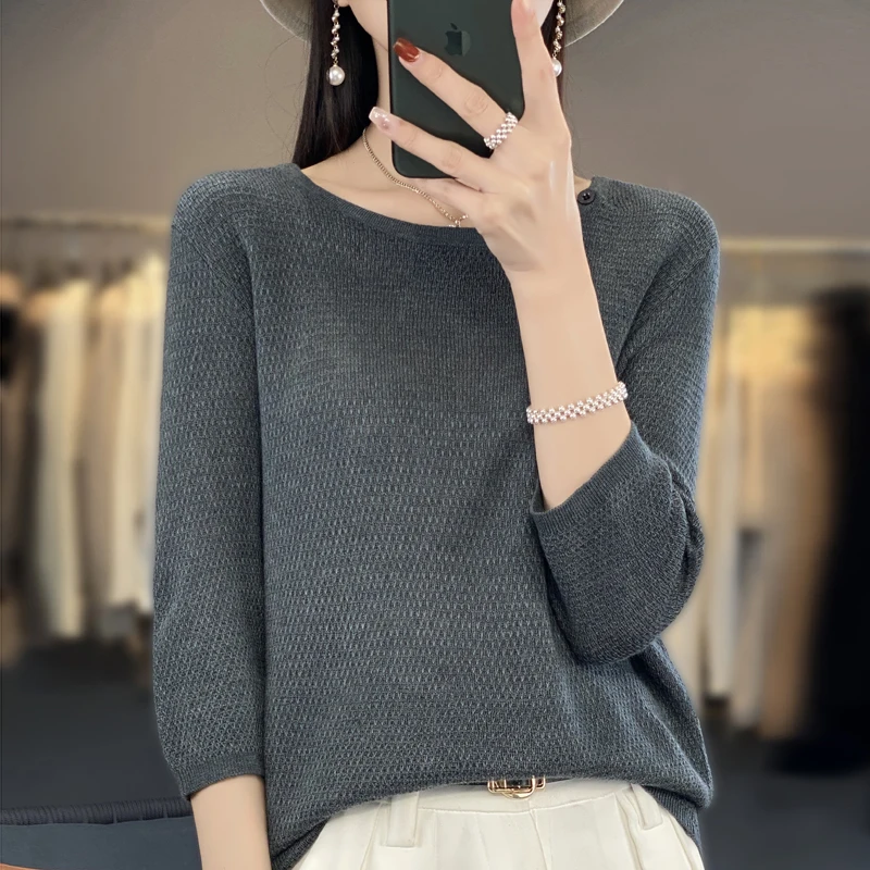 Spring and Autumn Seven-Sleeve Worsted Sweater Round Neck Thin Loose Bottom Shirt Simple Fashion Top Woman