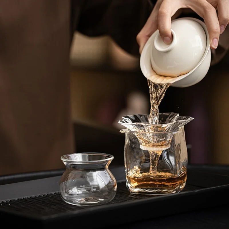 Glass Tea Infuser Strainers with Support Holder Saucer Entangled Lotus Floral Pattern, Fine Mesh Loose Leaf Tea Colander Filter