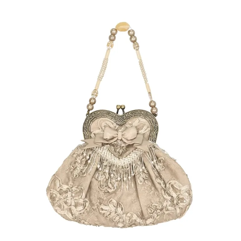 French Style Unique Design Elegant Chic Antique Mini Beading Y2k Handbag One Shoulder Portable Heart Disc Embroidered Bag Female