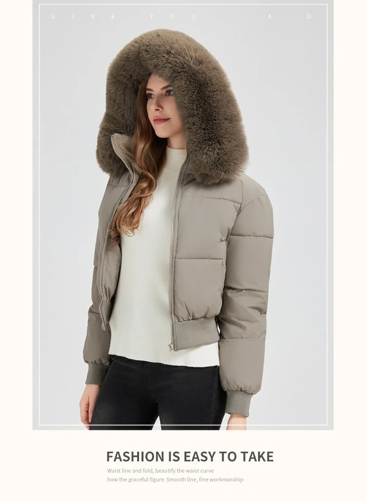 2026 Thicken Short Women's Winter Jacket Korean Style Down Cotton Coat Casual Warm Fur Hooded Cropped Parkas Chic Streetwear
