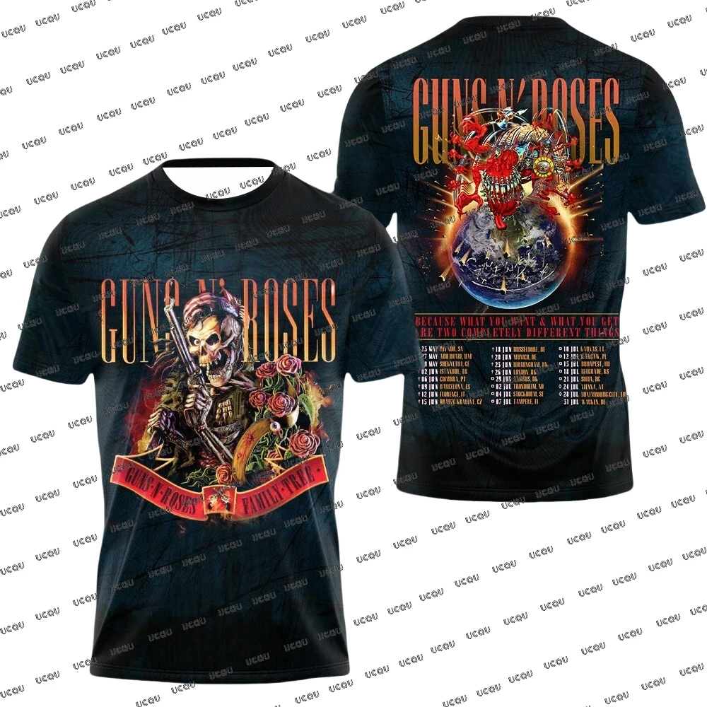 Guns N 'Roses 2025 قائمة جدول جولة العالم التي شيرت المشجعين هدية تي شيرت موضة الرجال والنساء ملابس الحفل عادية المتضخم