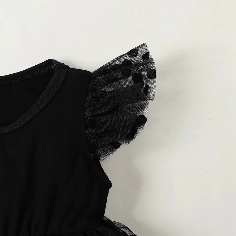 جديد الصيف طفلة أكمام بذلة بلون البولكا نقطة شبكة الأصفاد مع شبكة سوداء بذلة الأميرة نمط