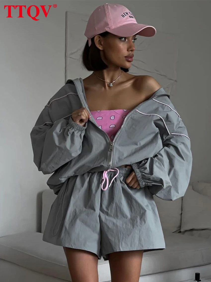 TTQV-Conjunto de 2 piezas holgado y gris para mujer, camisa elegante de manga larga con pantalones cortos de cintura alta, ropa de calle femenina 2024