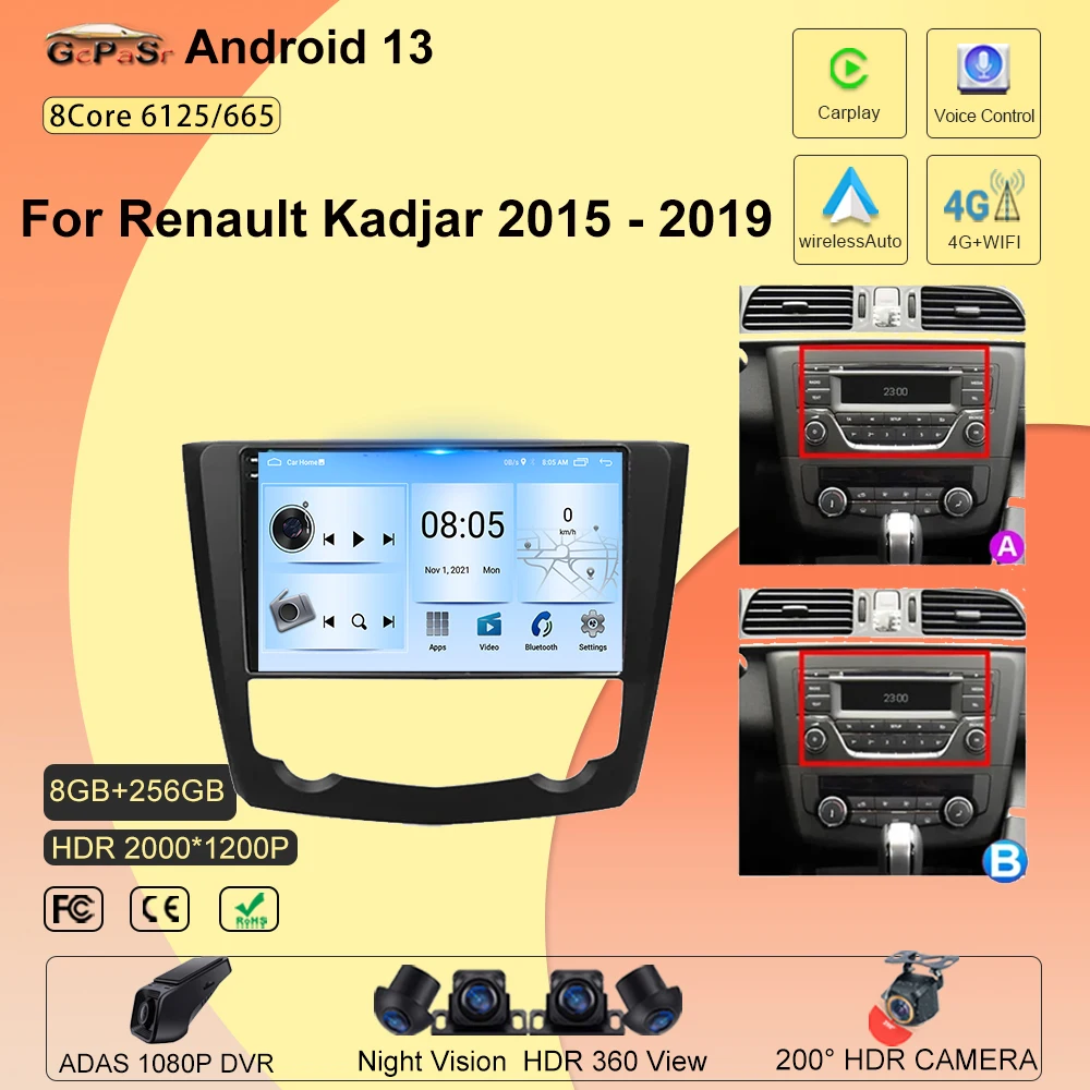 For Renault Kadjar 2015 - 2019 Android 13 Car Radio stereo multimedia player auto radio GPS DSP IPS car dvd DVD 5G Wifi BT QLED