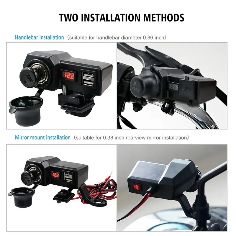 Motorcycle Dual USB Charger Cigarette Lighter Socket with Voltage & Temperature Digital Display Power Adapter for Phone Tablet