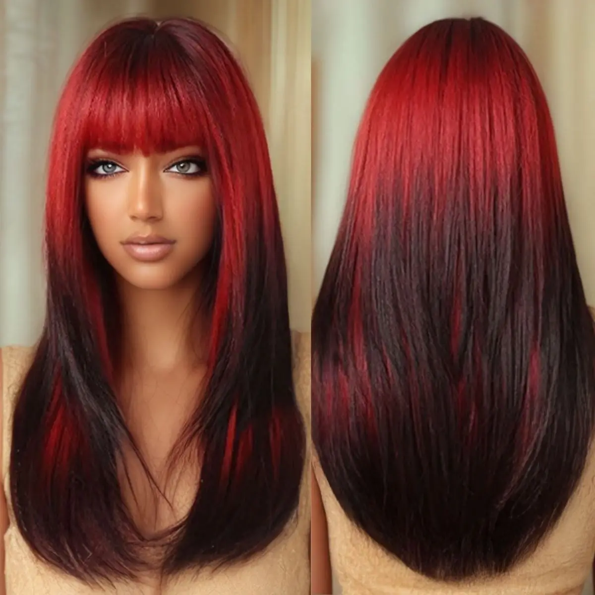 Peruka z czarnych włosów, czerwono-czarne długie włosy z gradientem, japońskie i koreańskie grzywki, warstwowa fryzura, słodka i coolowa peruka z włókna chemicznego dla kobiet, odpowiednia do codziennego użytku, na imprezy, na scenę.