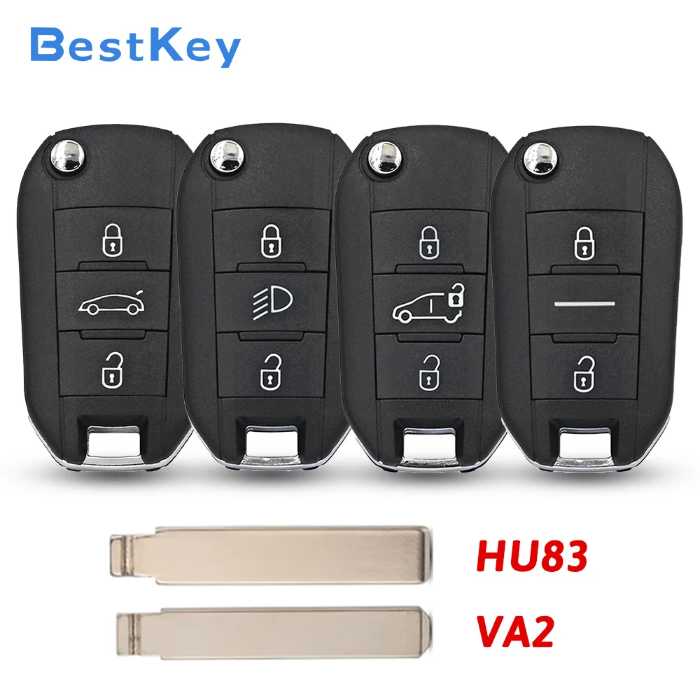 Best Key Workshop Flip Key Shell HU83 VA2 Uncut Blade 2/3 Button Empty Fob Case for Peugeot Citroen Cars Vans 2017-2019