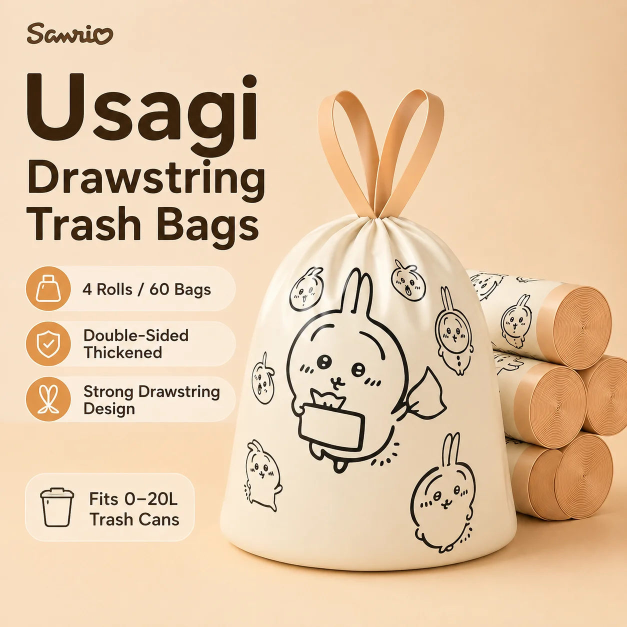 Cute Usagi Drawstring Trash Bags 60Pcs Double‑Sided Thickened Garbage Bags Strong Tear‑Resistant Waste Bags Fits 0‑20L Trash Can