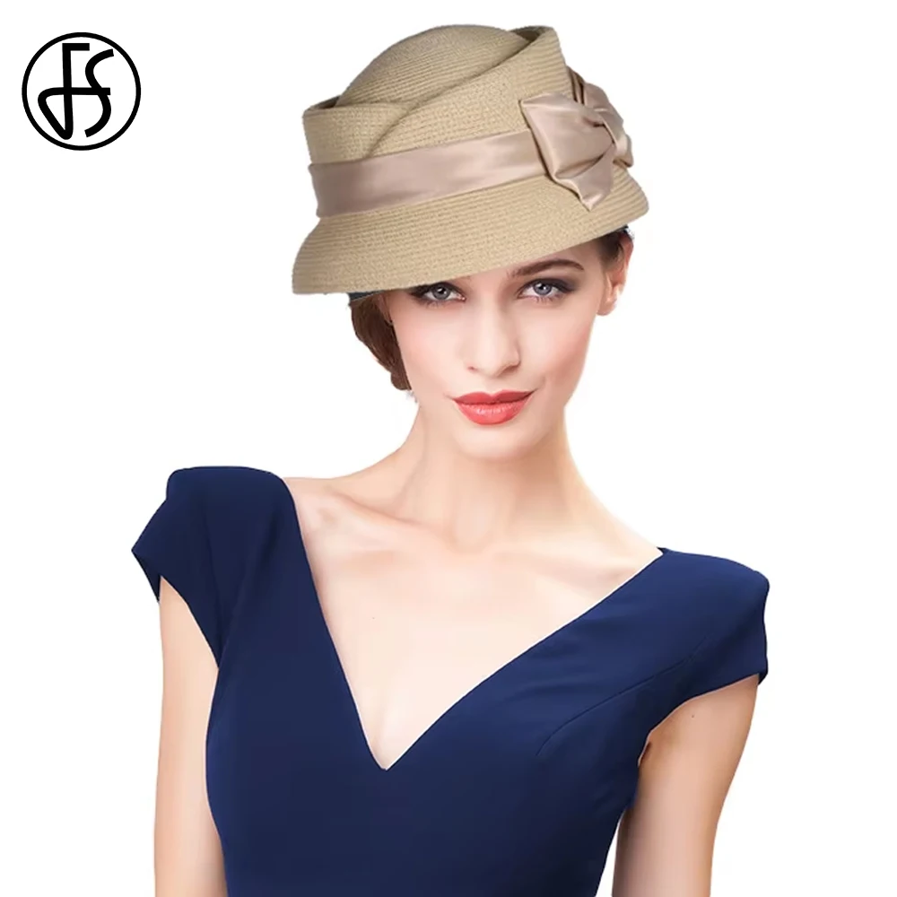 FS Beige Khaki Top Hat With Bowknot Autumn Bucket Hats For Women Tea Party Fascinator Cap Vintage Church Fedoras Chapeau Femme