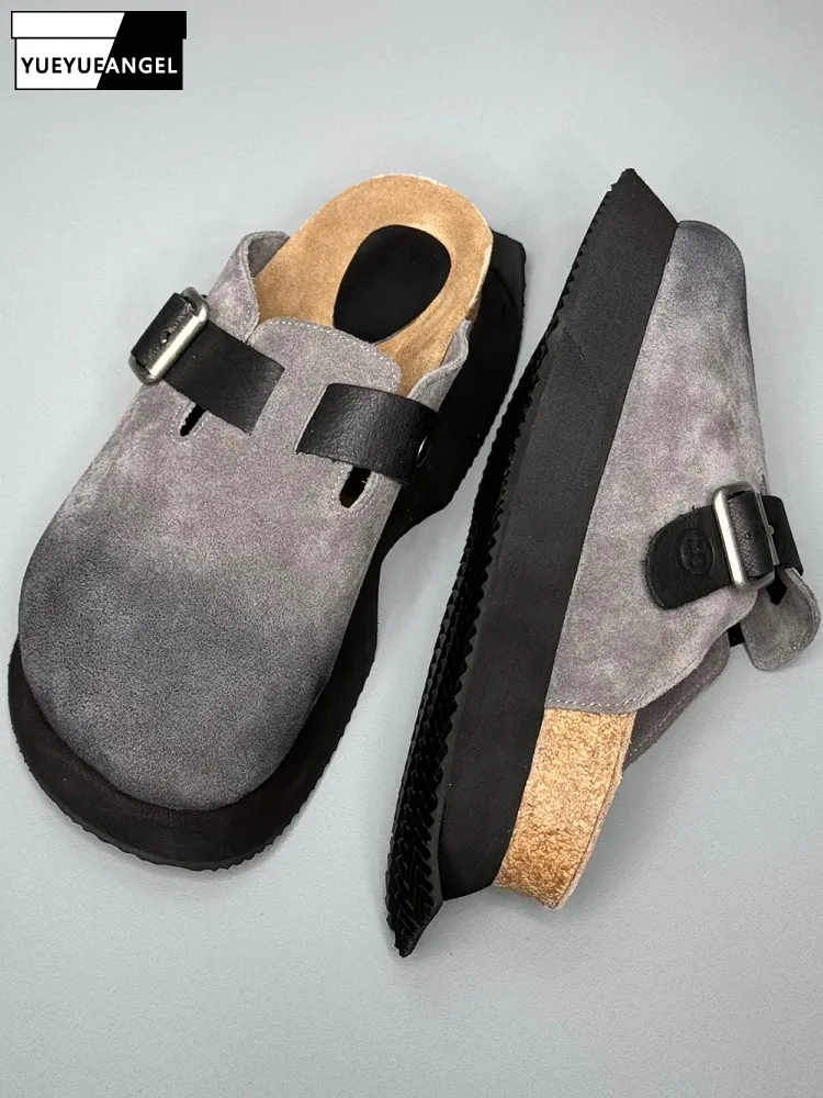 

New Designer Mens Thick Platform Real Cow Suede Leather Slippers Casual Outside Close Toe Vintage Slides Buckle Slip On Loafers