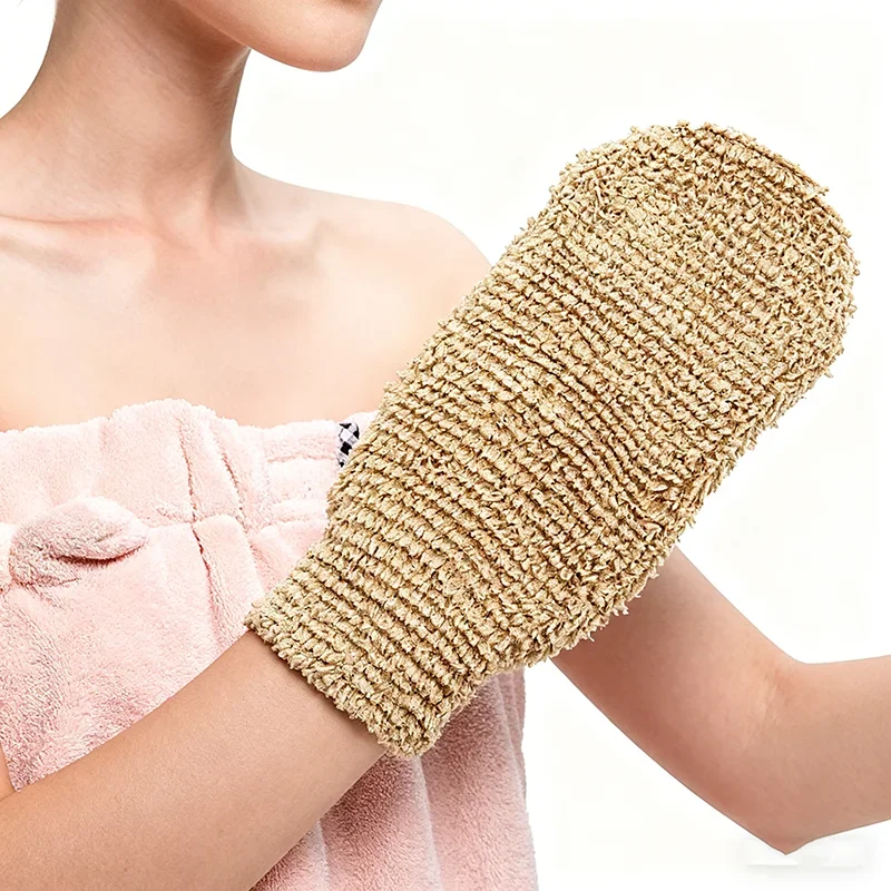Luva de banho esfoliante de cânhamo, fibra de bambu natural, limpeza profunda, dupla face, remoção de pele morta, luvas, suprimentos de banho, 1 peça
