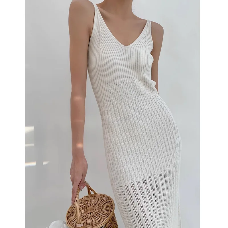 

Sexy Hollow Out V-neck Knit Dress For Women Fashion Sleeveless Sheath Maxi Dresses 2024 Summer Female Beach Vacation Robes