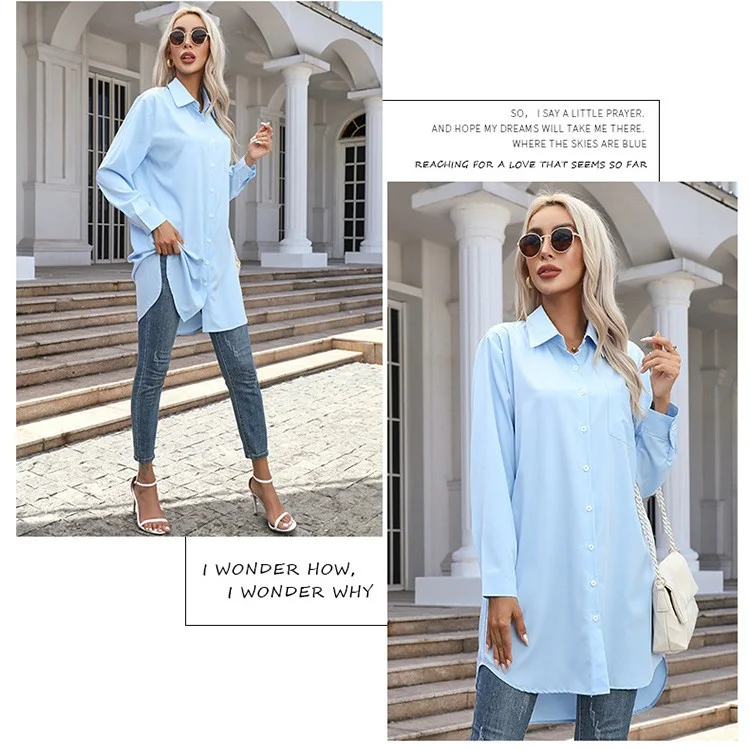 Women Casual Spring Autumn Style Blouses Shirts Lady Long Sleeve Turn-down Collar Solid Color Long Blouse Tops