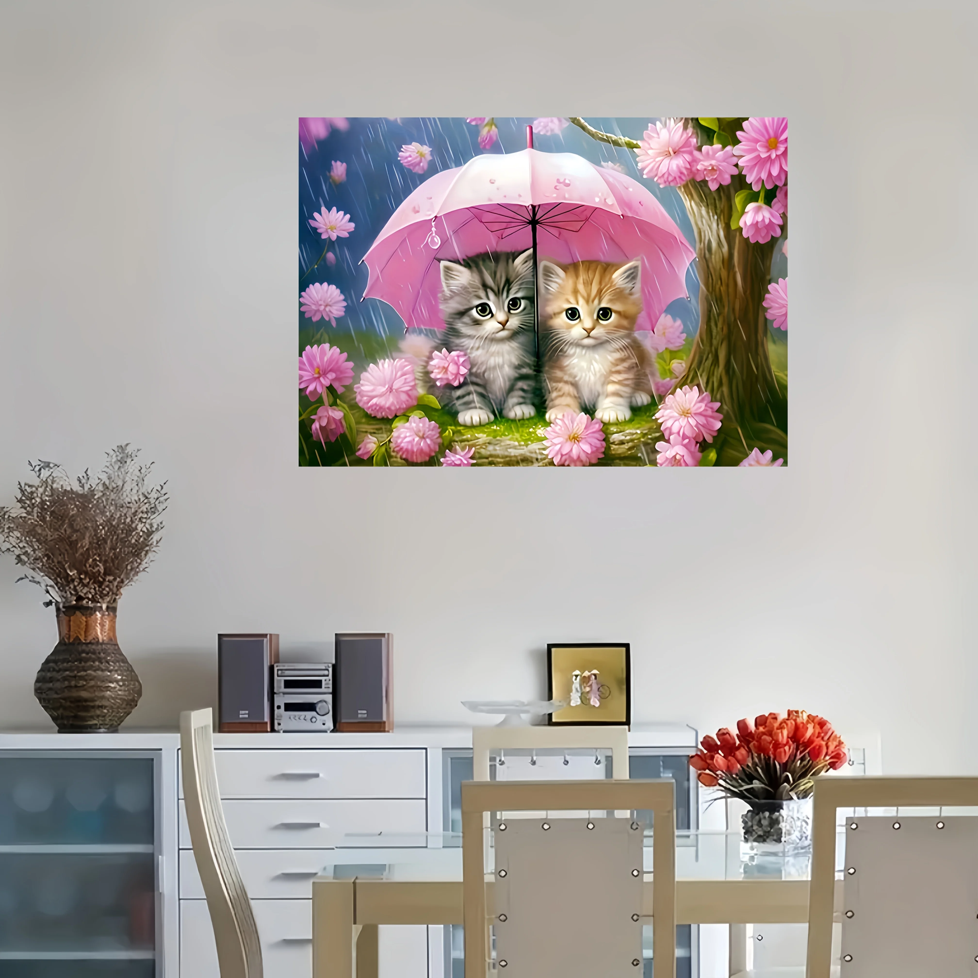 1000 stuks dikke kartonnen puzzel geschikt voor volwassenen - schattige kittens onder paraplu met basis en veelkleurige katten, draagbaar