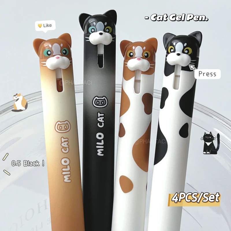 Conjunto de 4 Canetas Gel Estilo Gato Fofo 0.5mm, Caneta Preta de Secagem Rápida, Design Criativo de Animal, Caneta Gel para Escrita Suave, Material de Escritório