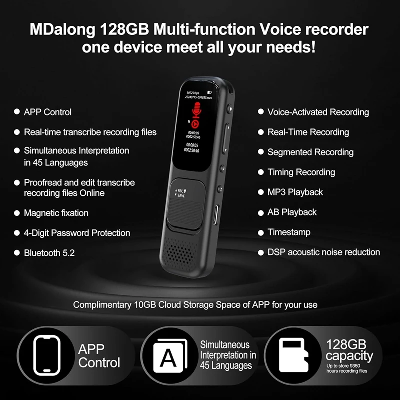 128GB Digital Voice Recorder With APP,Portable Recorder With Transcription To Text, Audio Recorder Device With Playback